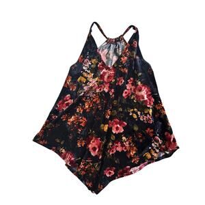Velvet Tank top floral blouse rose victorian red shark bite halter L flowy boho